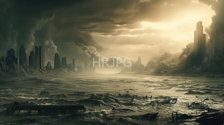 High Resolution: Apocalyptic flooded cityscape dark clouds golden sunlight breaking through towering skyscrapers ruins line turbulent waters broken bridge structures download. | HRJPG.com