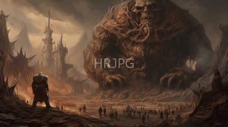 High Resolution: Dark fantasy ominous landscape twisted rock formations towering skeletal creature shadowy brown hues storm clouds small figures download. | HRJPG.com