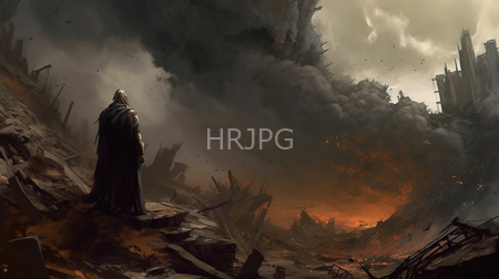 High Resolution: Apocalyptic scene dark smoky skies burning ruins orange hues cloaked figure stands on rubble-covered ground observing destruction download. | HRJPG.com