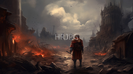 High Resolution: Apocalyptic cityscape dark ruined buildings burning debris central figure medieval armor red cloak silver breastplate cloudy sky download. | HRJPG.com