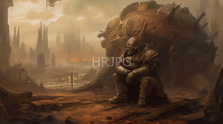 High Resolution: Armored skeletal humanoid hollow eyes sitting despondently rocky terrain massive mechanical ruins post-apocalyptic landscape smoky sky embers download. | HRJPG.com