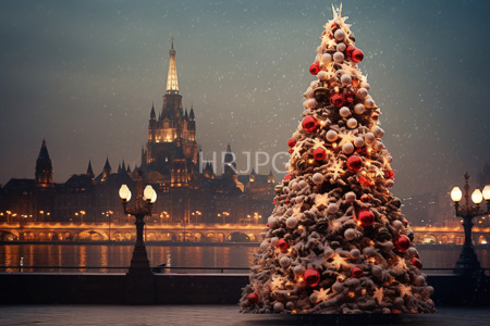High Resolution: Illuminated snow-dusted Christmas tree red silver ornaments Prague's Charles Bridge dusk Gothic-style buildings St Vitus Cathedral misty skies download. | HRJPG.com