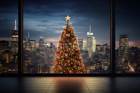 High Resolution: Illuminated Christmas tree red ornaments golden lights star-shaped topper floor-to-ceiling windows nighttime cityscape lit skyscrapers blue-gray sky download. | HRJPG.com