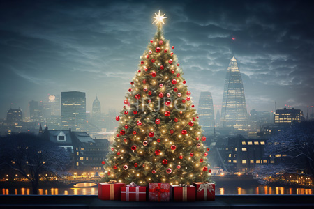 High Resolution: Illuminated decorated Christmas tree red ornaments lights standing New York City's skyline night One World Trade Center cloudy sky download. | HRJPG.com
