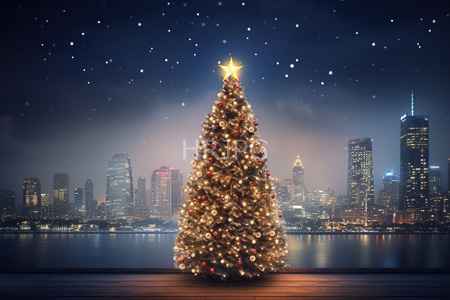 High Resolution: Illuminated Christmas tree golden lights red gold ornaments glowing star nighttime cityscape skyscrapers reflected calm water twinkling night sky download. | HRJPG.com