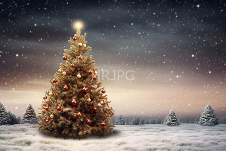 High Resolution: Illuminated Christmas tree red ornaments golden ribbons standing snow-covered field starry night sky distant trees line horizon download. | HRJPG.com