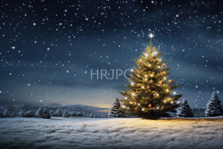 High Resolution: Illuminated Christmas tree red gold ornaments glowing white lights star-shaped topper snowy field falling snowflakes dark blue clouds download. | HRJPG.com