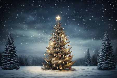 High Resolution: Illuminated Christmas tree golden lights red gold ornaments glowing star snowy forest at night falling snowflakes dark sky download. | HRJPG.com