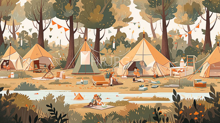 High Resolution: Autumn campsite forest multiple beige orange tents flags strung between trees people sit picnic blankets small stream foliage download. | HRJPG.com