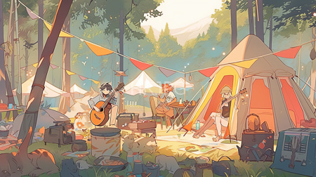 High Resolution: Outdoor campsite daylight five anthropomorphic characters animal traits play guitars colorful triangular flags picnic table eating relaxing download. | HRJPG.com