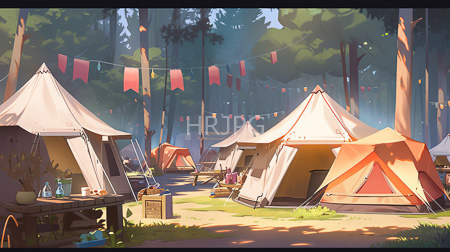 High Resolution: Idyllic forest campsite multiple white orange tents string lights red flags sunlight filtering tall trees dappled shadows grassy ground download. | HRJPG.com