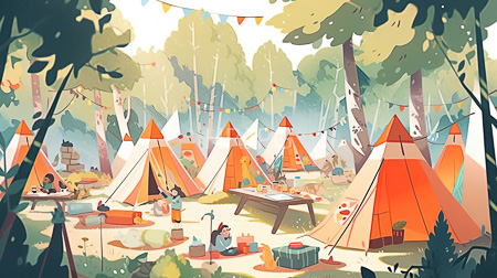 High Resolution: Outdoor campsite forest multiple orange white tents pointed tops arranged among trees colorful string lights campers various activities sandy ground download. | HRJPG.com