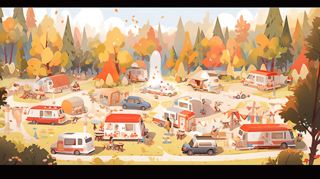 High Resolution: Autumn campsite colorful red-orange-yellow trees vintage-style vans cars scattered grassy field people engage activities cooking fire pit download. | HRJPG.com