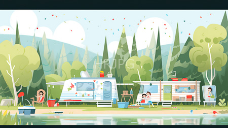High Resolution: Family camping by lake RV blue white stripes red flower decals two children play parents prepare food outdoor stoves download. | HRJPG.com