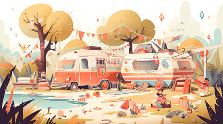 High Resolution: Pastel colors two vintage campervans parked autumnal forest clearing yellow-leaved trees string lights scattered red flags children play download. | HRJPG.com