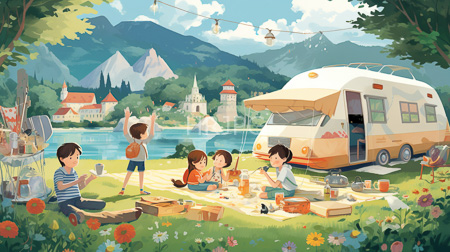 High Resolution: Four children outdoor picnic beside vintage camper van mountains lakes background colorful flowers grassy field string lights download. | HRJPG.com