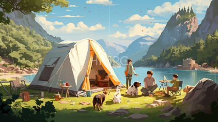 High Resolution: Idyllic campsite serene lake lush green mountains clear blue skies four people interact white-orange tent picnic download. | HRJPG.com