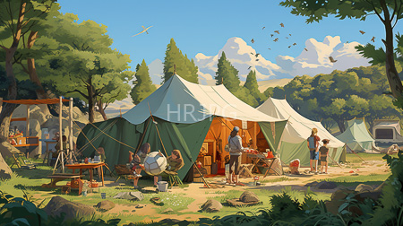 High Resolution: Outdoor campsite daylight green white tents surrounded by lush trees clear blue skies people cooking at wooden stoves download. | HRJPG.com