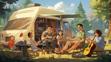 High Resolution: Outdoor family picnic white camper van lush mountainous forest clearing sunny day five people folding chairs tables food items download. | HRJPG.com