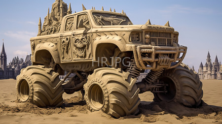 High Resolution: Intricately carved massive sand monster truck exaggerated tires spiked details skull designs Gothic-style castle buildings clear blue skies download. | HRJPG.com