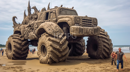 High Resolution: Enormous intricately carved sand sculpture monster truck exaggerated features large tires beach cloudy skies shirtless men camouflage pants download. | HRJPG.com