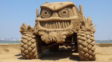 High Resolution: Intricately carved sand sculpture monstrous four-wheeled creature large eyes exaggerated teeth textured tires clear blue sky backdrop city buildings download. | HRJPG.com