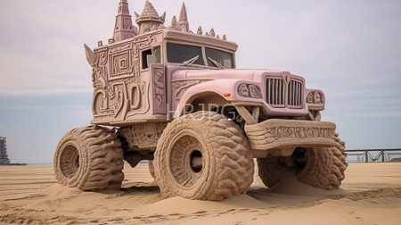 High Resolution: Enormous pink truck intricate castle-like designs cab massive rugged tires covered in sand beach clear skies distant structures download. | HRJPG.com