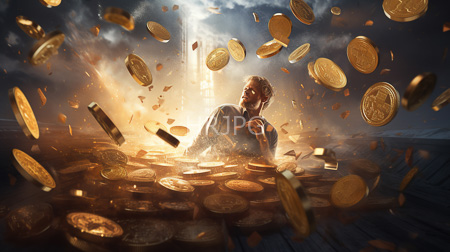 High Resolution: Older man gray hair beard glasses white shirt sitting amidst swirling golden coins front of him bright sunlight download. | HRJPG.com