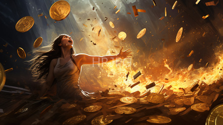 High Resolution: Ecstatic woman long black hair sleeveless gray dress sitting amidst fiery explosion of gold coins paper bills sunlight beams download. | HRJPG.com