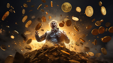 High Resolution: Elderly man white hair beard disheveled clothes standing amidst overflowing gold coins mid-air shouting joyfully reaching out massive pile download. | HRJPG.com