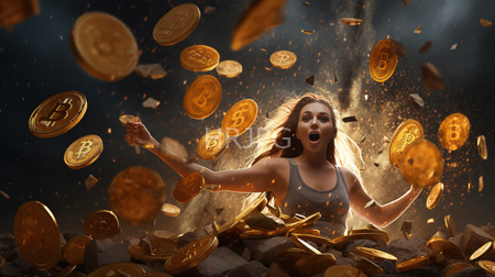 High Resolution: Ecstatic fair-skinned woman long red hair gray tank top falling Bitcoin coins gold dust dark background scattered rocks download. | HRJPG.com