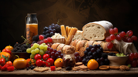High Resolution: Elaborate still life arrangement assorted fruits cheeses breads condiments wooden table red tomatoes green grapes blackberries sliced baguette download. | HRJPG.com