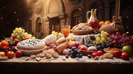 High Resolution: Elaborate fruit cheese display wooden table dim-lit stone building background warm light spilling fresh grapes apples download. | HRJPG.com