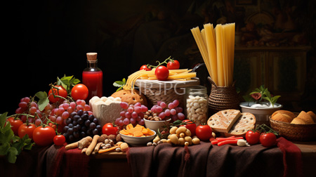 High Resolution: Elaborate still life arrangement various Italian foods dark wooden table red cloth grapes tomatoes pasta wicker baskets cheese download. | HRJPG.com