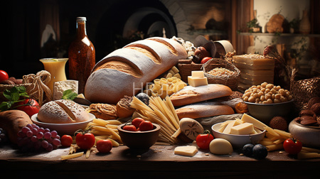 High Resolution: Abundant rustic table display various artisanal breads flour dusting loaves different shapes sizes baskets olives nuts cheese cubes download. | HRJPG.com