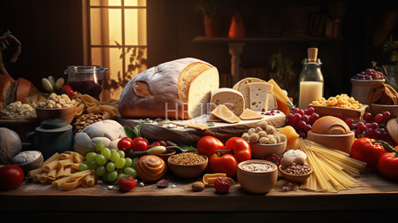 High Resolution: Abundant wooden table laden with various cheeses breads grapes tomatoes olives nuts pasta shapes crackers shelves behind download. | HRJPG.com