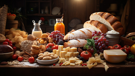 High Resolution: Abundant rustic kitchen table laden with various cheeses bread loaves dusted in flour grapes clusters tomatoes blackberries nuts download. | HRJPG.com