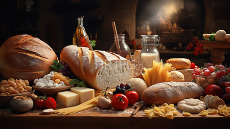 High Resolution: Abundant wooden table laden with various artisanal foods two large loaves slices crusty bread assorted cheeses pasta shapes download. | HRJPG.com
