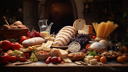 High Resolution: Elaborate cheese bread display rustic wooden table various cheeses fresh fruits artisan loaves white dusting powder pasta download. | HRJPG.com