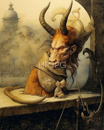 High Resolution: Surreal anthropomorphic goat-like creature large curved horns orange fur sitting stone ledge overlooking foggy cityscape domed buildings download. | HRJPG.com