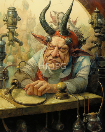 High Resolution: Elderly man large black horns red skin steampunk goggles working at mechanical desk brass pipes levers pointed ears download. | HRJPG.com