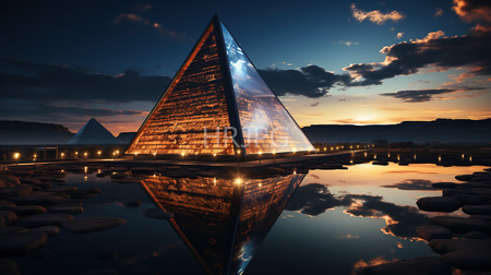 High Resolution: Illuminated reflective pyramid twilight by water smooth rocks scattered sky orange blue hues sunset clouds mirrored images download. | HRJPG.com