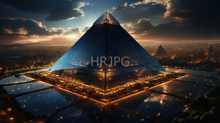 High Resolution: Illuminated glass pyramid structures sunset urban landscape reflective waterways city lights background dramatic clouds ambiance download. | HRJPG.com