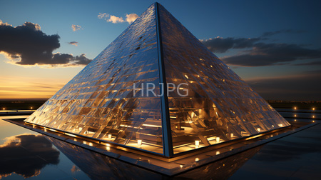High Resolution: Louvre Pyramid twilight illuminated glass pyramid reflective surfaces geometric patterns warm yellow lights deep blue sky scattered clouds download. | HRJPG.com