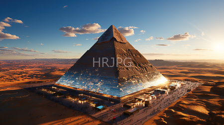 High Resolution: Enormous reflective glass pyramid textured stone surface vast desert landscape sunset blue sky golden sunlight ancient-style buildings download. | HRJPG.com