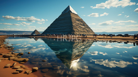 High Resolution: Two large triangular pyramids snow-capped tops reflected in calm water clear blue sky smooth rocks sandy ground download. | HRJPG.com