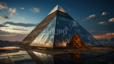 High Resolution: Illuminated modern pyramid glass panels reflecting sunset light on water smaller stone structure ancient pyramids warm orange hues download. | HRJPG.com
