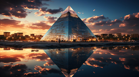 High Resolution: Louvre Pyramid sunset reflecting in calm water mirrored clouds city lights glass facade glimmers blue orange-pink sky download. | HRJPG.com