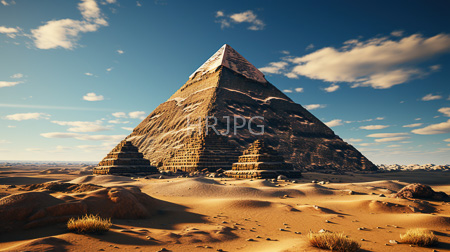 High Resolution: Ancient pyramid-shaped stone structure layered terraces standing in vast desert sand dunes clear blue sky sunlight casts shadows download. | HRJPG.com