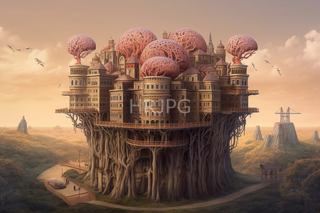 High Resolution: Tree-root-supported floating city ornate Victorian-style buildings pink-branched trees sunset sky rolling hills distant windmills flying birds download. | HRJPG.com